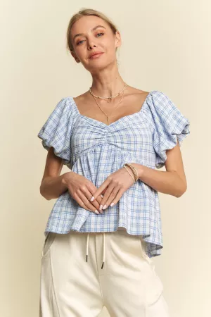 wholesale clothing plaid puff sleeves ruffled smocked top blouse davi & dani