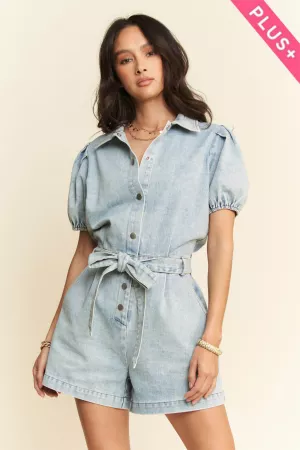 wholesale clothing plus light denim romper  short puff sleeves davi & dani