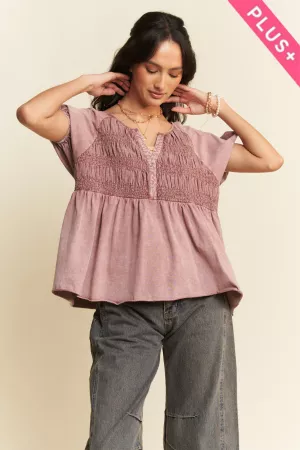 wholesale clothing plus garment washed short sleeve smocking knit top davi & dani