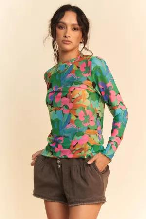 wholesale clothing flower printed mesh round neck long sleeve top davi & dani