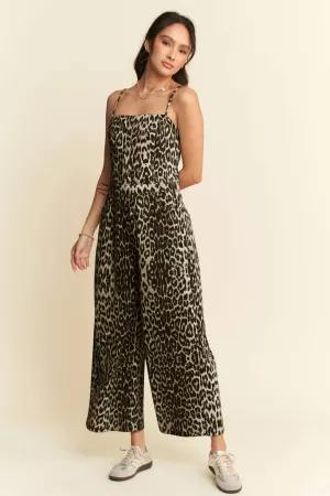 wholesale clothing leopard spaghetti straps wide pants jumpsuit davi & dani