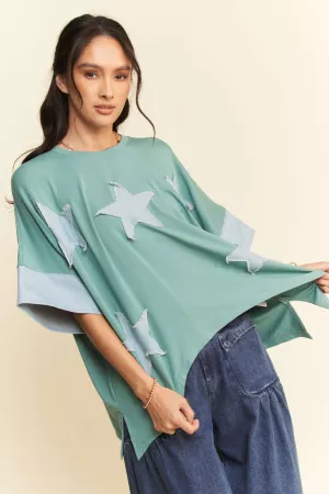 wholesale clothing acid-washed denim star patchwork short sleeve top davi & dani