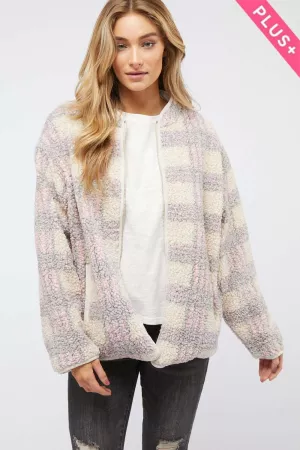 wholesale clothing plus plaid cozy fuzzy long sleeve zipper jacket davi & dani