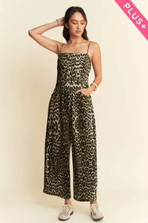 wholesale clothing plus leopard spaghetti straps wide pants jumpsuit davi & dani