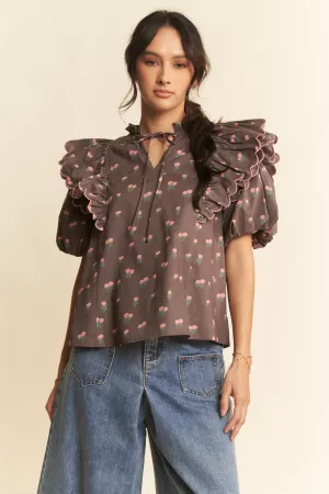 wholesale clothing contrast edge ruffle puff sleeve blouse top davi & dani