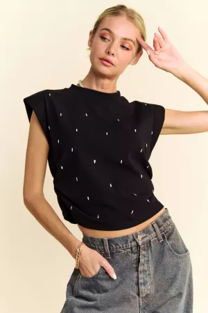 wholesale clothing solid mock neck short sleeve jewel crop top davi & dani