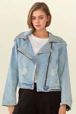 wholesale clothing rhinestone long sleeve zip up denim jacket davi & dani