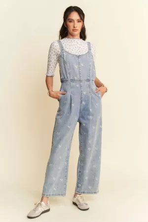 wholesale clothing daisy embroidered side pocket denim overalls davi & dani