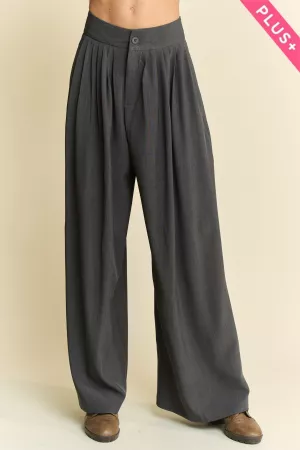 wholesale clothing plus solid back pocket shirring wide leg pants davi & dani