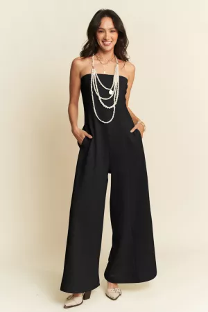 wholesale clothing solid straps tube open back wide leg jumpsuit davi & dani