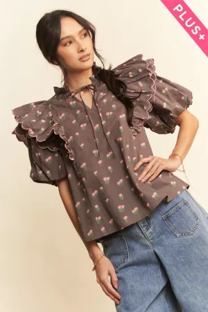 wholesale clothing plus contrast edge ruffle puff sleeve blouse top davi & dani