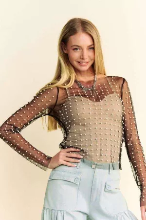 wholesale clothing bead and pearl embellished long sleeves mesh top davi & dani