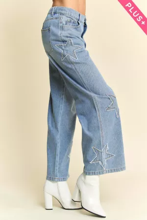 wholesale clothing plus star patch side pocket wide leg denim pants davi & dani