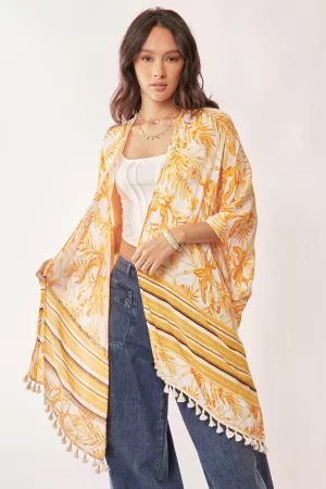 wholesale clothing leaf printed pompom tassel detail kimono cover up davi & dani