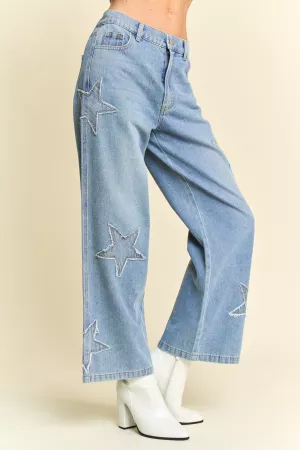 wholesale clothing star patchwork side pocket wide leg denim pants davi & dani