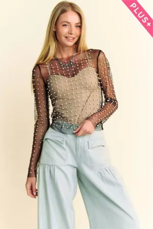 wholesale clothing plus bead pearl embellished long sleeves mesh top davi & dani