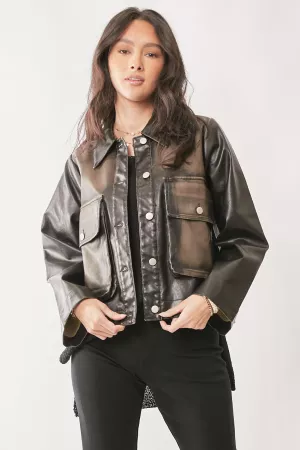 wholesale clothing washed faux leather chest pocket open jacket davi & dani