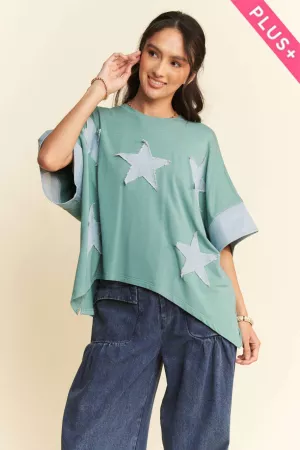 wholesale clothing plus washed denim star patchwork short sleeve top davi & dani