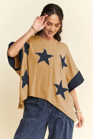 wholesale clothing acid-washed denim star patchwork short sleeve top davi & dani