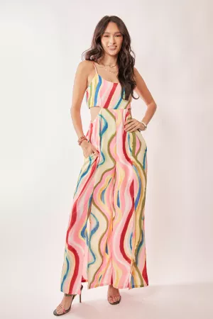 wholesale clothing abstract rainbow cut out wasit smocked jumpsuit davi & dani