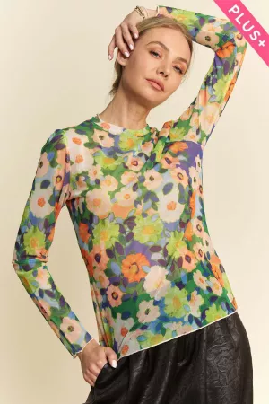 wholesale clothing plus flower print mesh round neck long sleeve top davi & dani