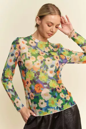 wholesale clothing flower printed mesh round neck long sleeve top davi & dani