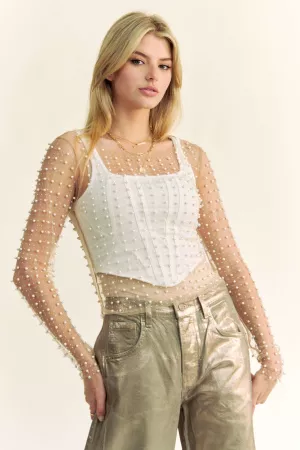 wholesale clothing bead and pearl embellished long sleeves mesh top davi & dani