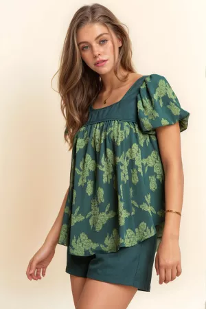 wholesale clothing nature printed square neck puff sleeve top blouse davi & dani