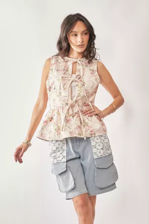 wholesale clothing garden floral printed denim tie front vest jacket davi & dani