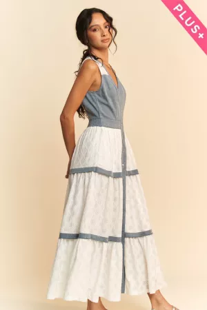 wholesale clothing plus textured mesh lace denim tiered maxi dress davi & dani