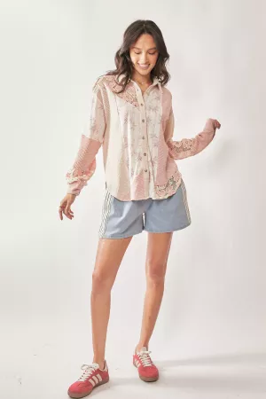 wholesale clothing waffle knit lace mix button front shirt top davi & dani