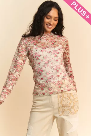 wholesale clothing plus floral print mesh long sleeve layering top davi & dani