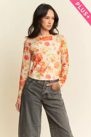 wholesale clothing plus floral print mesh long sleeve layering top davi & dani