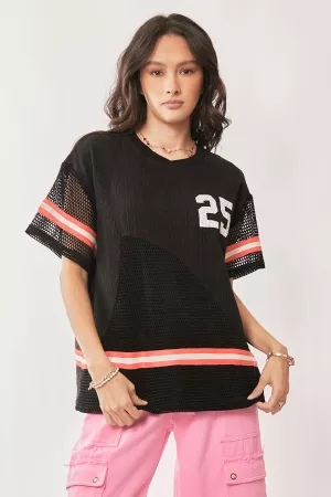 wholesale clothing lace and mesh paneling sports tape detail tee davi & dani