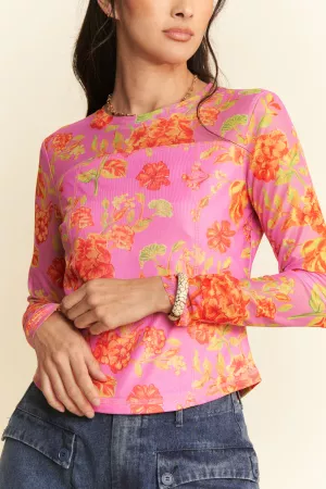 wholesale clothing floral print mesh long sleeve layering top davi & dani