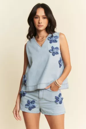 wholesale clothing v-neck denim sleeveless top attachable 3d flower davi & dani