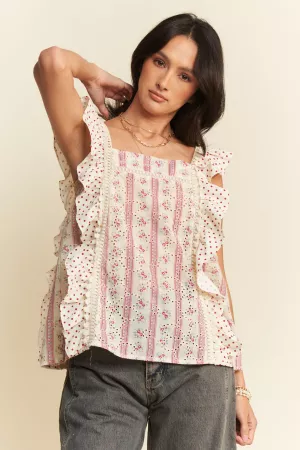 wholesale clothing print eyelet embroidered ruffle sleeve top davi & dani