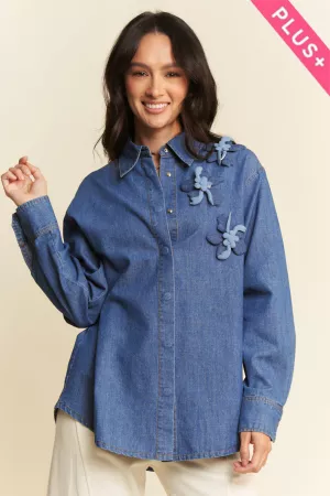 wholesale clothing plus collared denim shirt attachable 3-d flower davi & dani