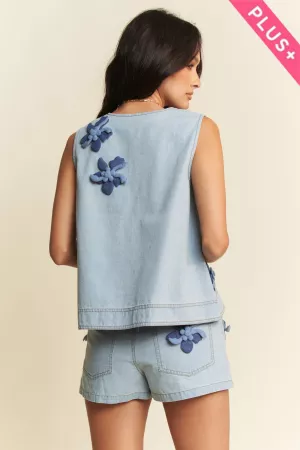 wholesale clothing plus v-neck denim top attachable 3d flower davi & dani