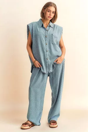 wholesale clothing checkered denim button down shirt n long pants set davi & dani