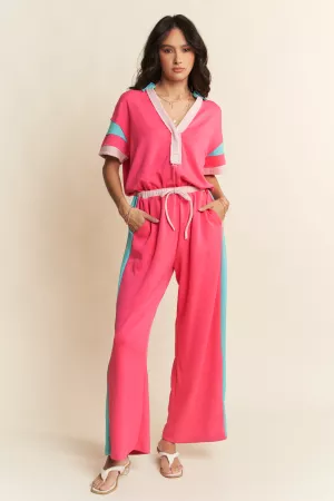 wholesale clothing french terry color mix elastic waist jumpsuit davi & dani