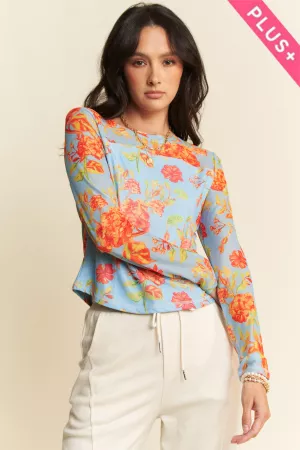 wholesale clothing plus floral print mesh long sleeve layering top davi & dani