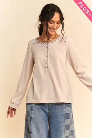 wholesale clothing plus textured long sleeve  through layered top davi & dani