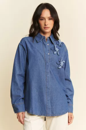 wholesale clothing collared denim shirt attachable 3-d flower davi & dani