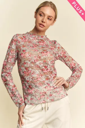 wholesale clothing plus floral print mesh long sleeve layering top davi & dani