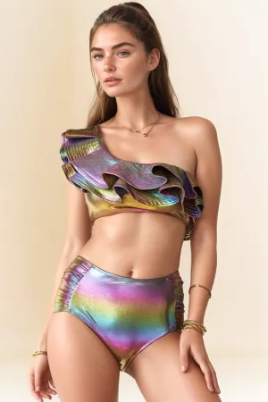 wholesale clothing iridescent foiled ruffled two piece swimsuit davi & dani