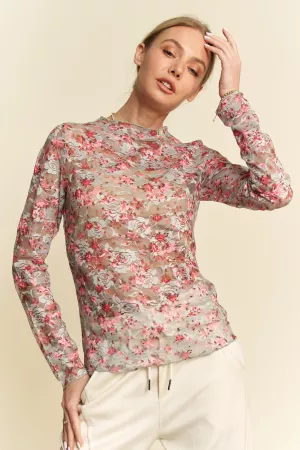 wholesale clothing floral print mesh long sleeve layering top davi & dani