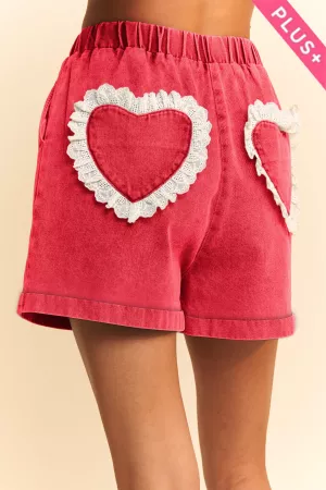 wholesale clothing plus denim washed heart patch band waist short davi & dani