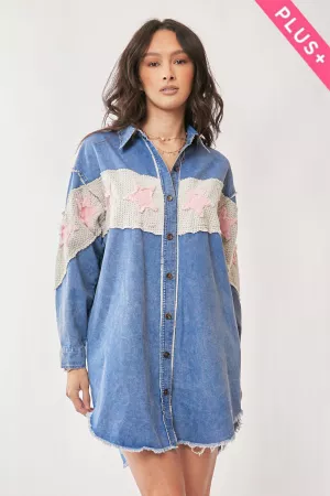 wholesale clothing plus acid washed denim patch detail shirt dress davi & dani