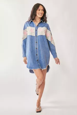 wholesale clothing acid washed denim star patch detail shirt dress davi & dani